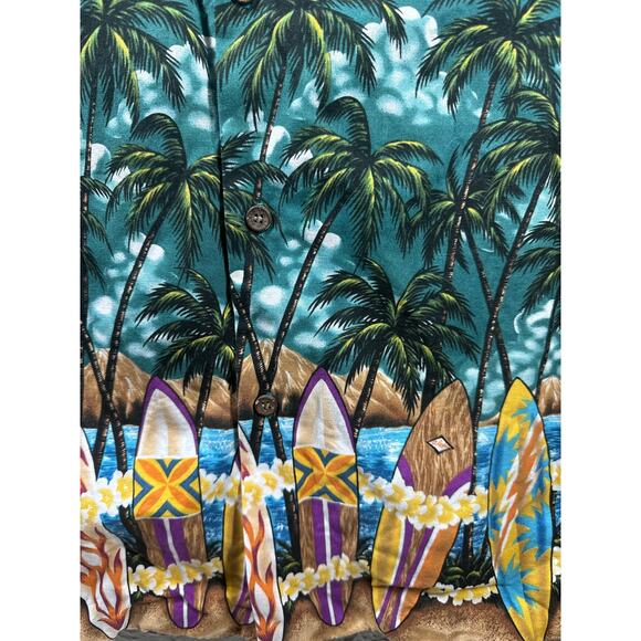 Vintage RJC Ltd Hawaiian Shirt Surfboards Plumeria & Palms Men’s Size XL - Picture 2 of 4